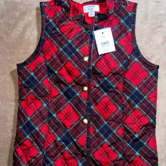 NWT Crown & Ivy Kids 6 Puffer Red Plaid Snap Closure Holiday Christmas Vest (Q) - Picture 1 of 5